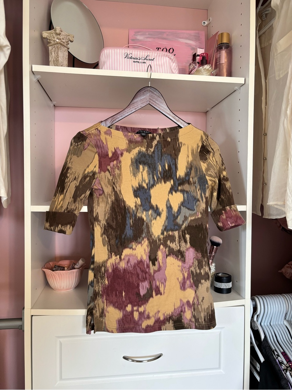 Lauren Ralph Lauren Abstract Print Short Sleeve Tunic in Mustard, Olive & Mauve